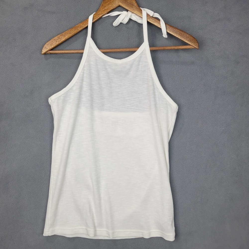 Gap Tank Top Women's Large White Cotton Stretch Ribbed‎ Halter Neck Plunge Back